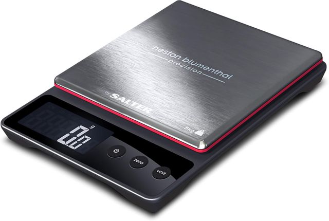 Heston Blumenthal By Salter 1140A HBBKDR Balance Cuisine de Précision, Capacité Max. 5KG avec Incréments de 0.5g, Plateforme en Acier Inoxydable, Pèse pour Aliments & Liquides, Facile à Nettoyer, Noir