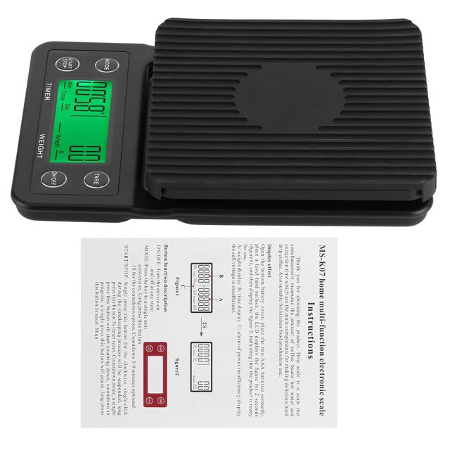 Balance de cuisine électronique précise avec minuterie numérique LCD, avec minuterie intégrée pour la préparation du café et le pesage des aliments, plastique noir, 7,6x5x1