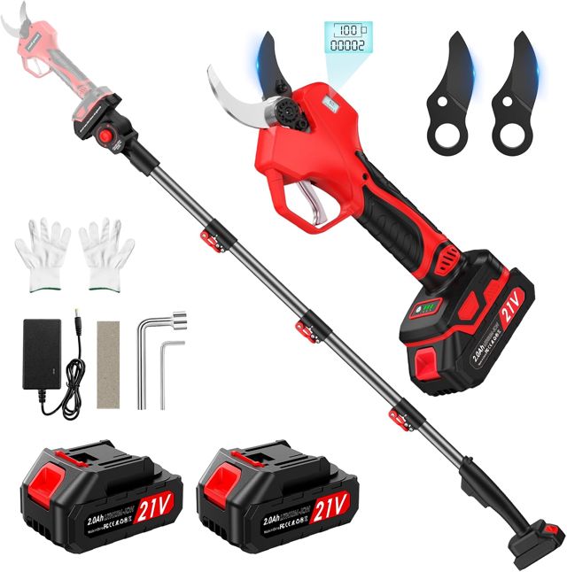 Sécateur électrique avec perche 2 M(6.56ft), Portée Totale 4 M, avec 800 w Moteur sans balais & Écran,45 MM Secateur electrique sans fil avec 2 Batteries pour les branches et le jardin