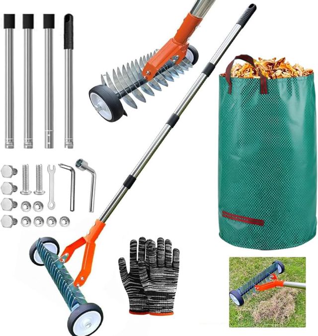 Scarificateur Manuel avec Roues, Verticuteur à Manche de 165 cm, Râteau Aérateur Sac à Déchets de Jardin, Râteau de Scarification Réglable, pour Nettoyer Les Pelouses Mortes et Réparer Les Jardins