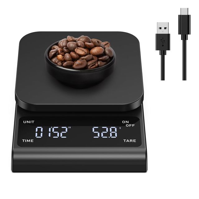 Brifit Balance à Café avec Minuterie, Balance de Cuisine 3kg/0.1g, Alimentaires de Précision avec Affichage LED, Fonction Tare, USB, Arrêt Automatique