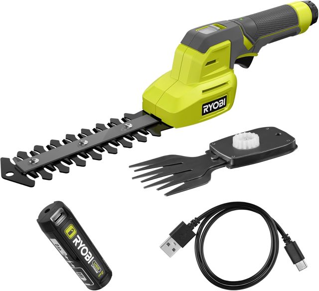 RYOBI Cisaille à Gazon et Sculpteur de Végétaux 4V USB Lithium RY4CGSA-120 – Taille Buis, Bordures, Topiaires et Petits Arbustes, Lames Interchangeables, Batterie 2,0 Ah USB-C Incluse
