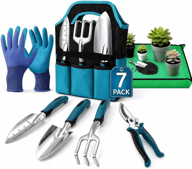 Kit Jardin Adulte 7 Pièces Outils Jardinage en Aluminium Ergonomiques Anti-Rouille avec Sac, Outil Jardinage à Poignée Antidérapante pour Hommes et Femmes