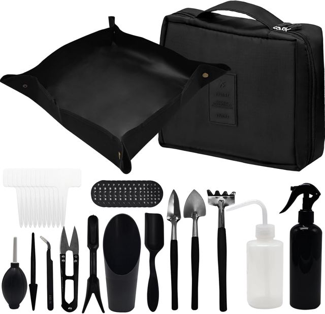 Kit D'outils de Jardin, 17 Pièces Mini Outils de Jardinage avec Pliable Tapis de Rempotage Outils Succulentes Kit D'outils pour Bonsai avec Sac de Rangement à Main pour Intérieur Extérieur