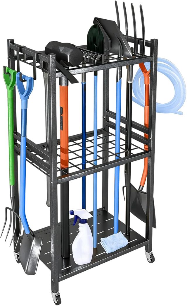 Organisateur d'outils de jardin avec 4 crochets, porte-outils de jardin en métal pour balai, râteau, pelle à franges, rangement pour outils de jardin et garage, garage, organiseur de jardin (noir, 42