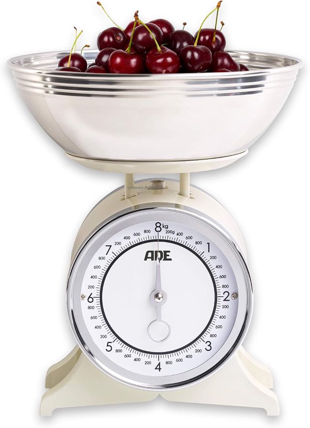 ADE Balance de cuisine mécanique de style rétro | affichage précis jusqu'à 8 kg | balance classique analogique à bol en métal | bol amovible de haute qualité en acier inoxydable | blanc crème