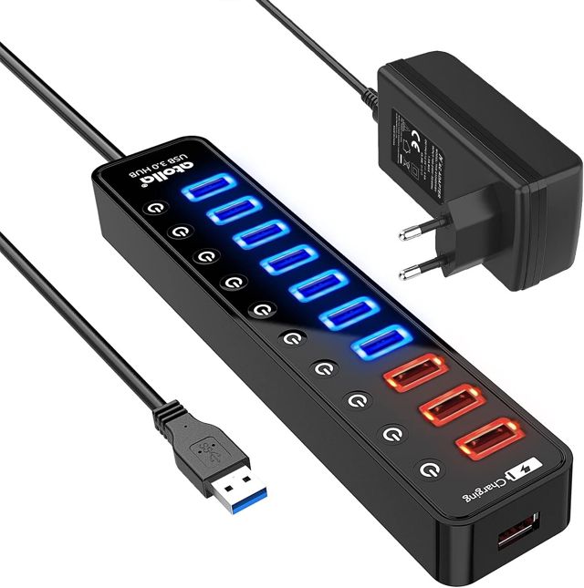 atolla Hub USB 3.0 avec bloc d'alimentation, 4 ports, transfert de données SuperSpeed et interrupteur, répartiteur USB avec port de charge intelligent et adaptateur d'alimentation 15 W (5 V/3 A)