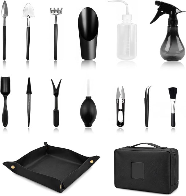 Kit D'outils de Jardin, 15 Pièces Mini Outils de Jardinage Kit d'outils pour Bonsai avec Pliable Tapis de Rempotage et Sac de Rangement pour Plantes Succulentes Transplantation à la Main