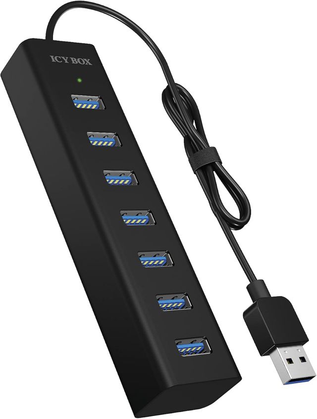 ICY BOX Hub USB 7 Ports avec 7 Ports USB 3.0 (Type-A), câble intégré, Aluminium, Noir 60819