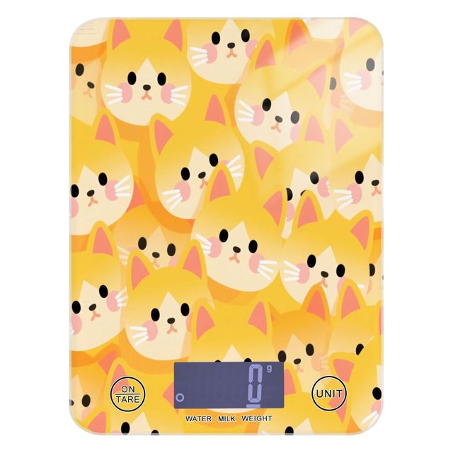 Balance de cuisine avec écran LCD - 5 kg/5 g - Motif chats mignons - Jaunes - Avec 4 unités pour rôtir et perdre du poids (piles non incluses)