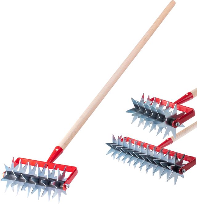 KADAX Fraise en étoile, Fraise de Jardin en métal, émietteur pour ameublir Le Sol, cultivateur pour Jardin, Gazon, Mauvaises Herbes, cultivateur Rotatif (avec 6 étoiles, Manche en Bois)