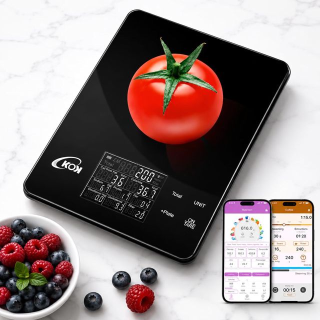 KOK Balance de cuisine numérique 10kg/22lb précision 0.1g, balance nutritionnelle analyse calories, plateau verre trempé, tare et arrêt automatique pour maison et fitness