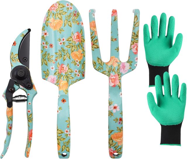 Lot de 4 Outillage de Jardin avec Impression Florale, Kit Jardinage Adulte, Kits d'outils de Jardinage avec Râteau à Main, Truelle, Gants et Ciseaux de Jardinage, Cadeau Jardinage pour Femme