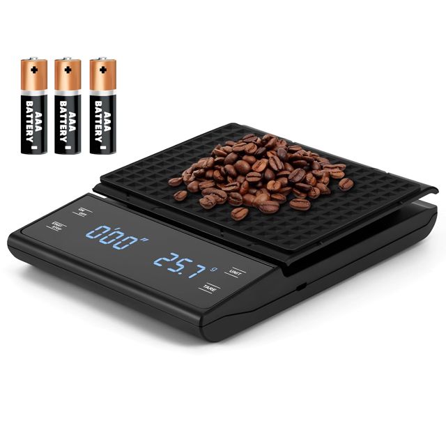 Balance à café numérique avec minuterie jusqu'à 3 kg/0,1 g, fonctionne avec piles et écran tactile LED, balance de cuisine multifonctionnelle (piles non incluses)