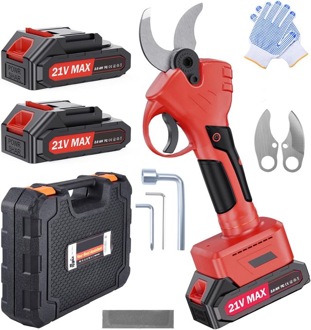 XIAZIR Sécateur électrique sans fil de 40 mm avec moteur brushless, sécateur de jardin avec 2 batteries 21 V 2000 mAh et lame en acier SK5, puissant coupe-branches pour arbres, jardin