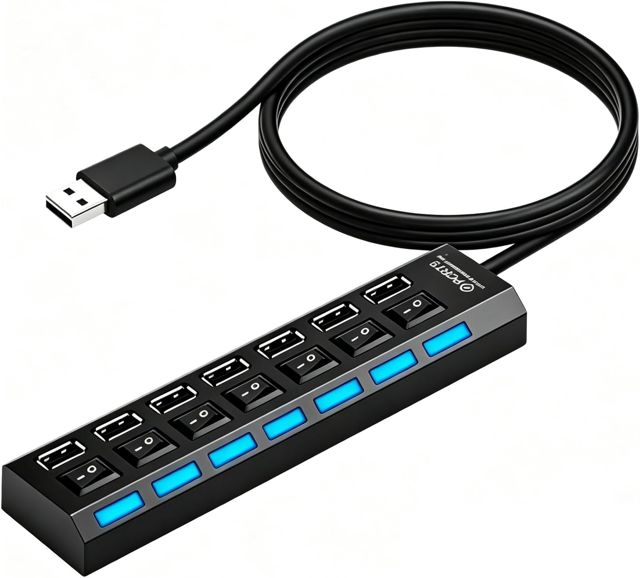 Hub USB 7 Ports, Hub avec Interrupteurs LED Individuels, Concentrateur Multiprise USB 2.0 pour PC Mac Laptop Souris Clavier Disque Dur, Imprimante, Transfert de Données 480 Mbps, Compact et Portable