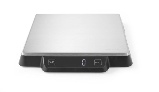 HENDI Balance de cuisine numérique, corps en plastique HIPS avec écran digital LED intégré, haute précision, max. 15 kg, 3 piles AAA non incluses, 266x269x(h)34 mm, acier inoxydable