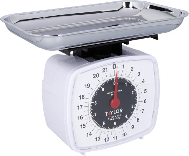 Taylor Balances de Cuisine Mécaniques Haute Précision avec Fonction Ajouter et Peser et Précision, Finition Chrome Blanc et Argenté 10 kg de Capacité