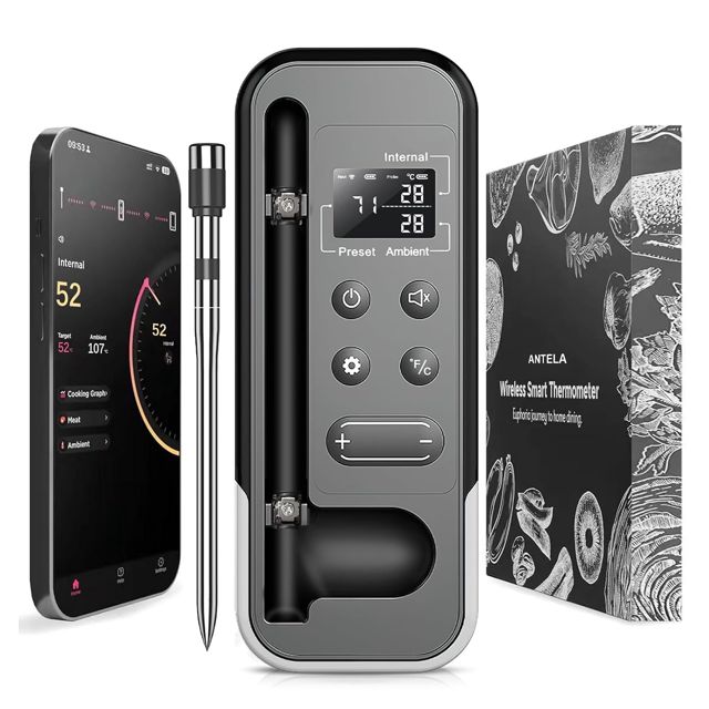 ANTELA Thermomètre à Viande Intelligent Sans Fil, 𝐁𝐥𝐮𝐞𝐭𝐨𝐨𝐭𝐡 𝟓.𝟑, É𝐜𝐫𝐚𝐧 𝐋𝐂𝐃, Contrôle APP Minuterie et Alarme, pour Gril, Four, Cuisine, Barbecue