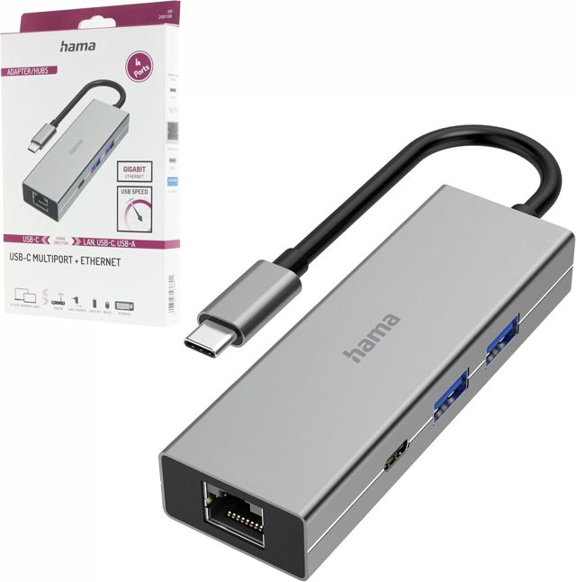 Hama Hub USB-C, multiport, 4 Ports, 2 USB-A, USB-C, LAN/Ether., Garantie 10 Ans, Gris
