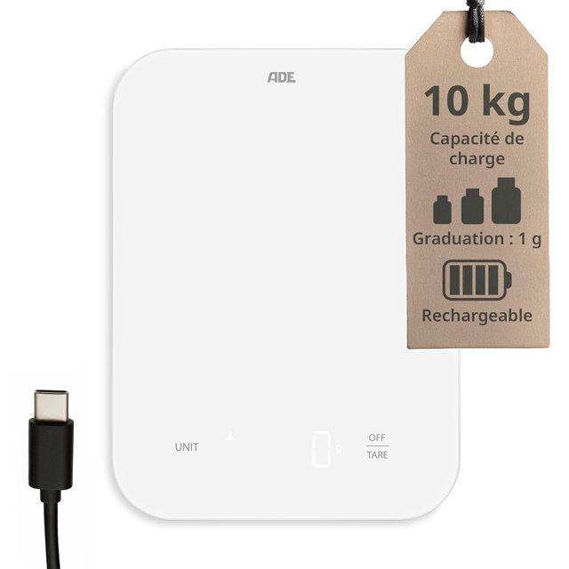 ADE Balance de cuisine numérique | rechargeable USB-C | 10 kg au gramme près | Balance alimentaire en verre avec fonction tare et chiffres lumineux | pèse-aliment de précision | en g, ml et oz