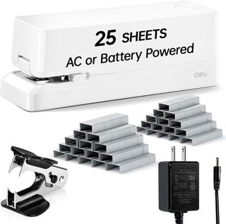 Deli Agrafeuse électrique automatique pour bureau avec 2 000 agrafes et ôte-agrafes, capacité de 25 feuilles, sans bourrage, agrafeuse alimentée par AC ou à piles pour bureau, maison, école, noir