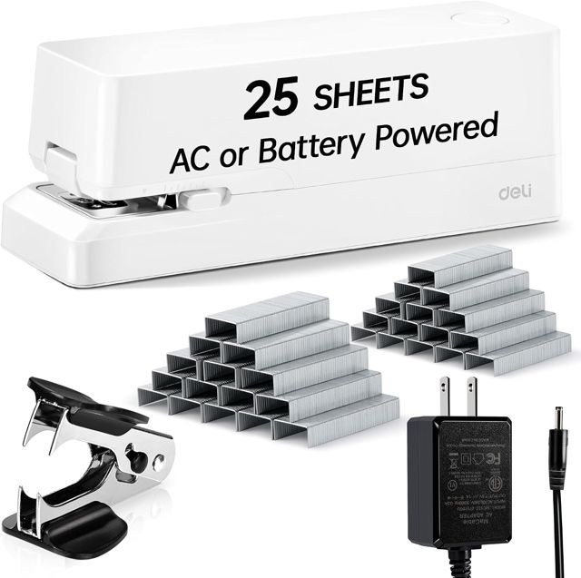 Deli Agrafeuse électrique automatique pour bureau avec 2 000 agrafes et ôte-agrafes, capacité de 25 feuilles, sans bourrage, agrafeuse alimentée par AC ou à piles pour bureau, maison, école, noir