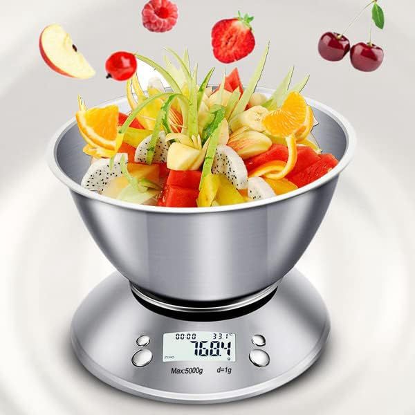 Balance de cuisine numérique avec bol en acier inoxydable, balance électronique numérique de cuisine de 5 kg/1 g, balance alimentaire en acier inoxydable avec bol mélangeur amovible avec écran LED