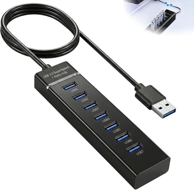 7 Port Hub USB 3.0 - Aluminium Hub USB avec 120cm 5v 3a,Port USB-Caluminium Avecadaptateur,Multiprise USB,Multi USB,Multiple pour Bureau,Switch,Hub USB C