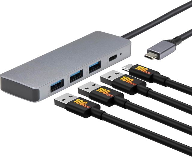 Amazon Basics Station d'accueil Hub USB 3.2/3.1 Gen 2, 10 Go/s, USB-C vers 1xUSB-C / 3xUSB-A Fonctionne sur Windows/Mac, Argenté, Noir