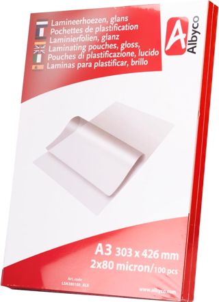 100x Albyco Pochettes de Plastification -A3 (303x426mm) - Ép. 2x80 (160) µm