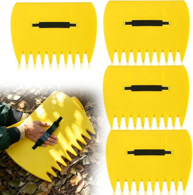 Lot de 4 ramasse-feuilles : ramasse-feuilles jaune avec poignée, design ergonomique et léger pour ramasser les feuilles sans effort, griffe robuste pour nettoyer la pelouse, la cour et les