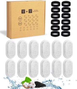 Zawaer Filtre Fontaine Chat, 24 Packs Filtre Fontaine Eau Chat, Filtre à Charbon 12 Pièces Et Une éponge en Mousse 12 Pièces, Filtre en Mousse De Remplacement Filtre pour Fontaine à Eau pour Chat.