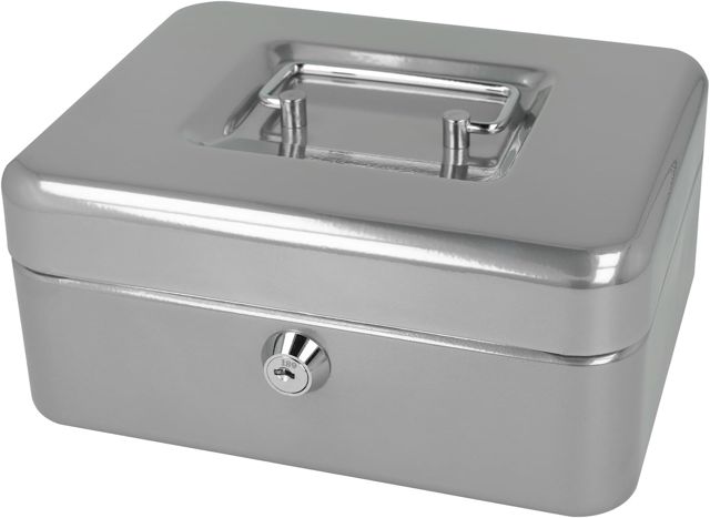 Westcott Caisse à monnaie verrouillable (compacte, 15 cm) Noir | Boîte verrouillable en tôle d'acier avec 2 clés | Plateau amovible pour pièces de monnaie avec 6 compartiments | E-51000 BLACK