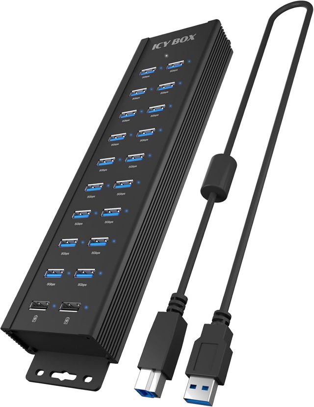 ICY Box Hub USB 3.2 Gen 1 à 20 Ports avec Adaptateur Secteur 12 V/3 A, boîtier en Aluminium et 2 Ports de Charge USB, modèle IB-HUB1720-U3