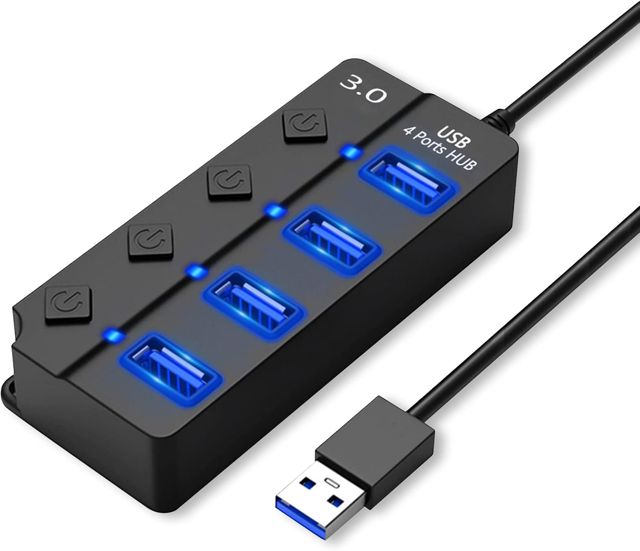 HORJOR Hub USB 3.0 7 Ports avec Interrupteur Séparé et LED, Multi Port USB Hub Alimenté Adaptateur pour Transfert Données De Données & Charge Rapide