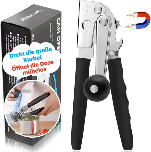 Ouvre-boîte professionnel en acier inoxydable avec manche confortable, utilisation manuelle, bord lisse, pour les personnes âgées et la cuisine (Noir)