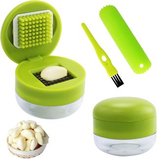 Lot de 2 presse-ail, avec éplucheur d'ail en silicone et brosse de nettoyage, hachoir à ail et éplucheur, presse ail, hachoir ail, coupe-oignons pour ail haché, gingembre, oignon et fruits