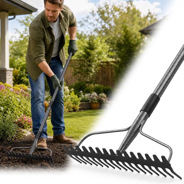 Râteau à Arc, râteau métallique à 17 Dents, râteau de Jardin Robuste de 4 FT avec Manche en Acier Inoxydable, Gris
