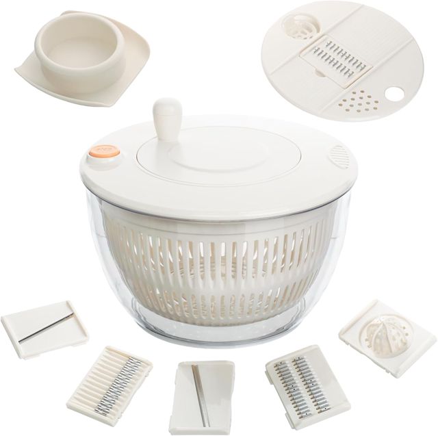 Cozary Essoreuse à Salade 4,5L, 7 en 1 Grande Essoreuse Salade, Saladier, Multifonctionnel Séchoir à Salad avec 6 Lames, Séparateur de Jaune d'Œuf, Râpe de Cuisine pour Laver, Sécher Les Légumes