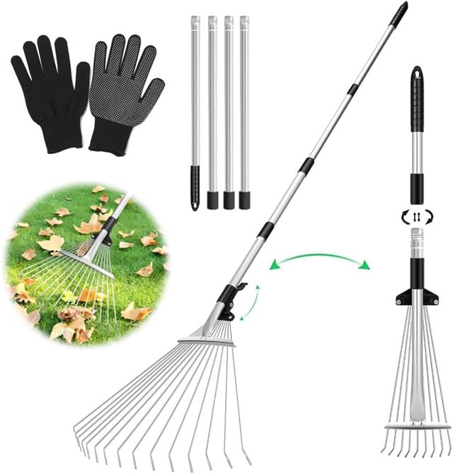 Balai à Feuilles de Jardin,Râteau de Jardin avec 207cm Poignée Réglable et Gants,Râteau Ramasse Feuilles à Main pour Le Nettoyage des Plantes, des pelouses et des Cours