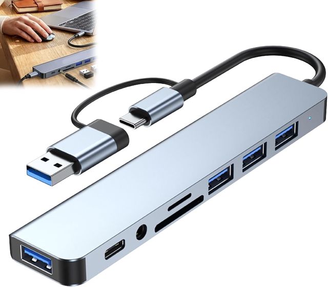 Hub USB C 8 en 2, Hub USB avec Double Port USB-A et USB-C, Multiprise USB avec USB 3.0, 2 Ports USB 2.0 et Lecteur SD/TF, Compatible avec PC, Tablette et Ordinateur Portable