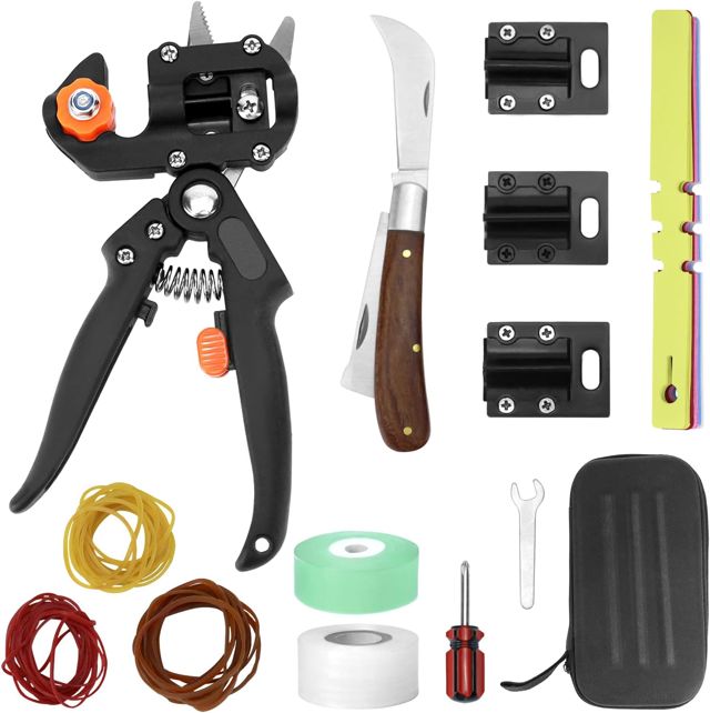 QWORK® Kit d'outils greffoir, Couteau de greffage et ciseaux de greffage avec 3 lames interchangeables et autres accessoires