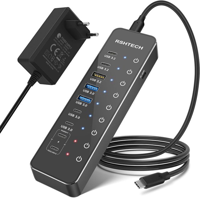RSHTECH 10 Ports Hub USB Alimenté, Alimentation 66W Hub USB C, RSH-ST10P
