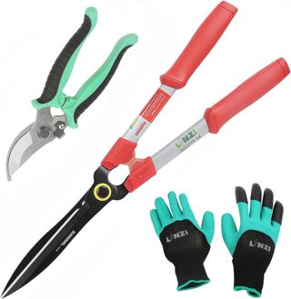 LINZI Cisailles à Haies 600mm + Sécateur Ciseaux Jardin 190mm avec Lame en Bypass + Gants de Jardin, Kit de Cisailles de Jardin pour Branches, Plantas Haies