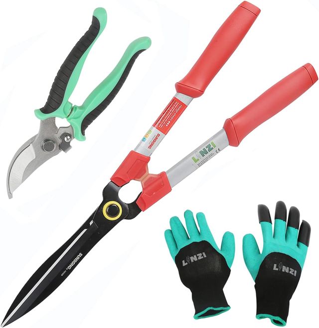 LINZI Cisailles à Haies 600mm + Sécateur Ciseaux Jardin 190mm avec Lame en Bypass + Gants de Jardin, Kit de Cisailles de Jardin pour Branches, Plantas Haies