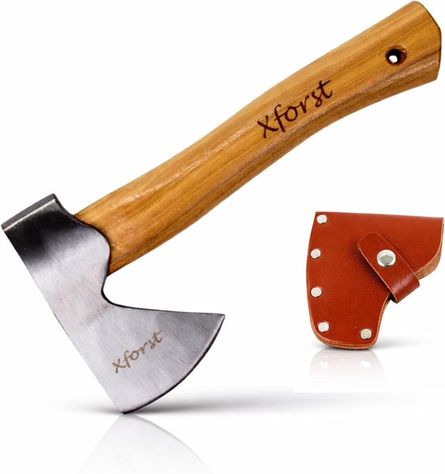 Xforst Hache Viking 27 cm | Hachette Compacte Trekking, Camping & Outdoor | Tête Forgée Acier Carbone | Manche en Hickory | Étui Cuir Véritable Inclus | Cadeau Homme | 0,67 kg X-AG1