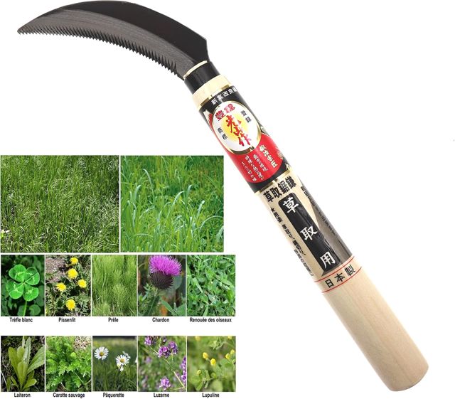 Cocktail7 Faux Faucille Manuel Japonaise Lame à Dent Acier SK-5, Spécial Mauvaise Herbe Désherber Desherbage Outil Jardin Jardinage Fabriqué au Japon