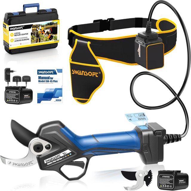 SWANSOFT PRU45-PLUS Secateur Electrique Professionnel,45mm Coupe Progressive,4AH Batterie avec Câble d'extension 1.2m,1150W Moteur Sans Balais,Ceinture,Secateur Electrique sans Fil pour Vergers,Vigne