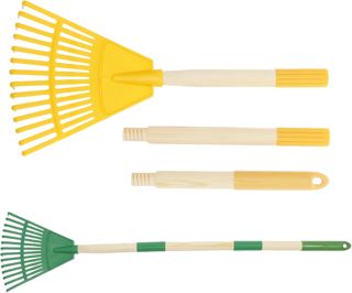 Lot de 2 râteaux à feuilles pour enfants avec 14 dents et manche en bois naturel de 67 cm - Balai à gazon amovible - Longueur totale : 86 cm (jaune et vert)